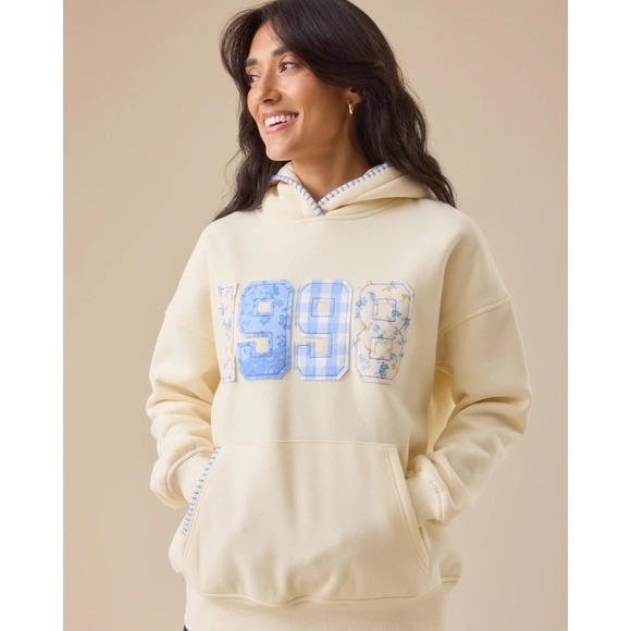 Altar'd State Tops - Altar'd State 1998 Patchwork Floral Gingham Hoodie Cream Blue Size XS NWT